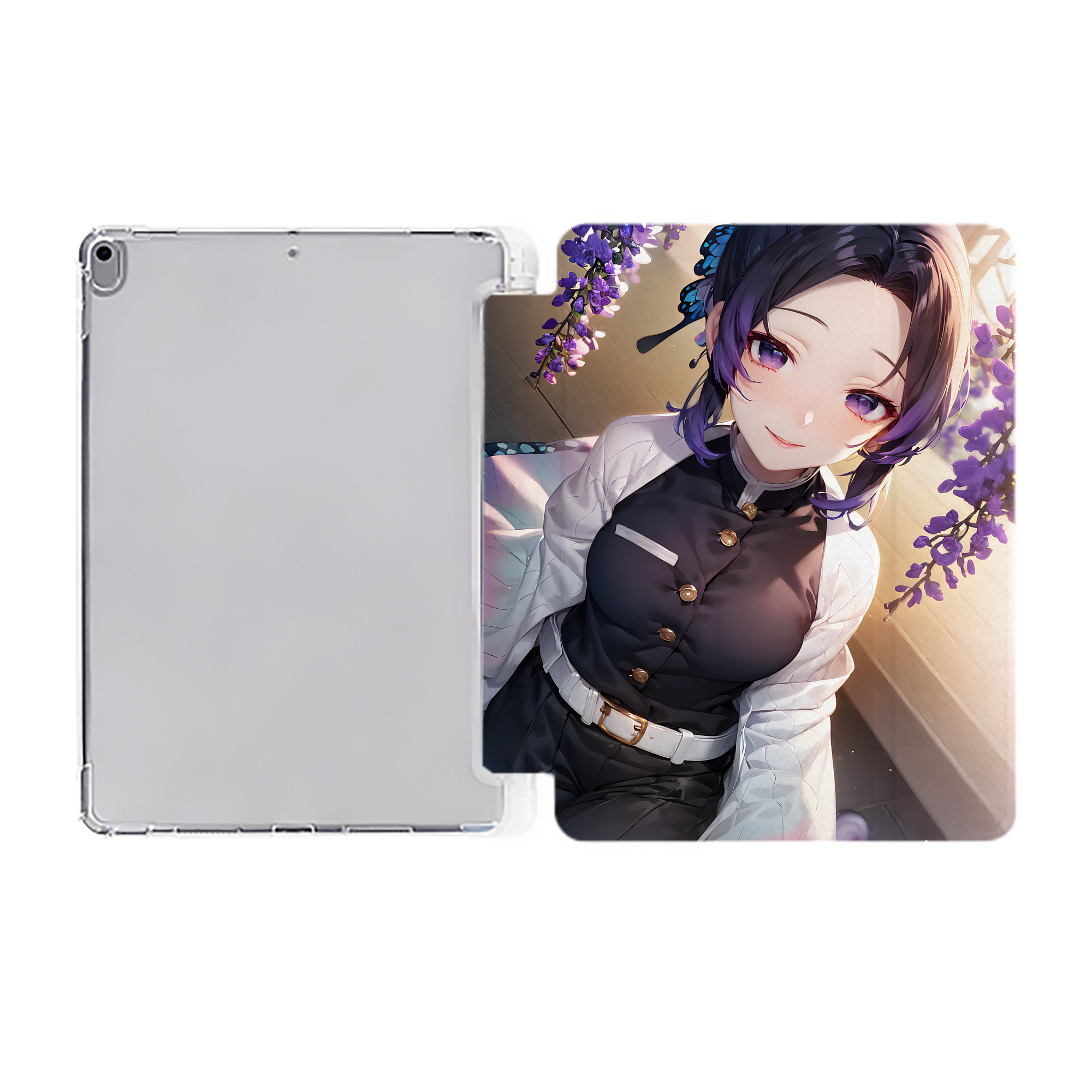 （画像用） 鬼滅の刃（きめつのやいば）蟲柱-胡蝶 しのぶ／こちょう しのぶ Kochou Shinobu IPad ケース ペン収納付き 三つ折りスタンド PUレザー×シリコン 対応機種9.5/10.5/10.9インチ
